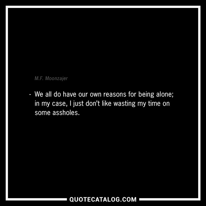 Illustrated art for this quote: We all do have our own reasons for being alone; in my case, I just don’t like wasting my time on some assholes.