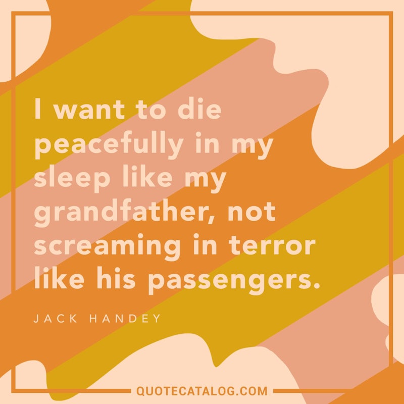 Illustrated art for this quote: I want to die peacefully in my sleep like my grandfather, not screaming in terror like his passengers.