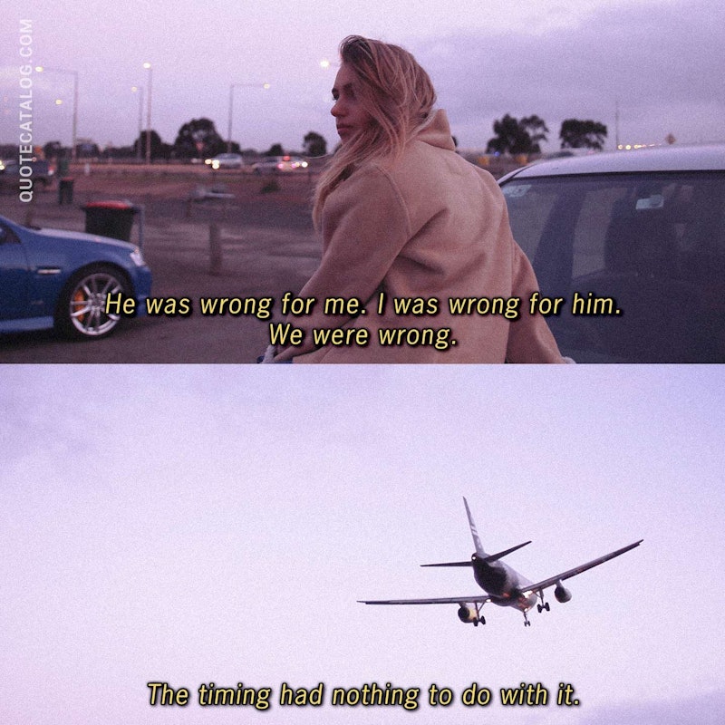 Illustrated art for this quote: He was wrong for me. I was wrong for him. We were wrong. The timing had nothing to do with it.